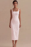 White Square Neck Jacquard Sheath Engagement Dress