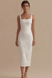 White Square Neck Jacquard Sheath Engagement Dress