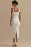 White Square Neck Jacquard Sheath Engagement Dress
