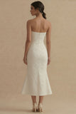 Strapless Jacquard White Mermaid Midi Engagement Dress