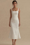 Square Neck Jacquard White Mermaid Midi Engagement Dress