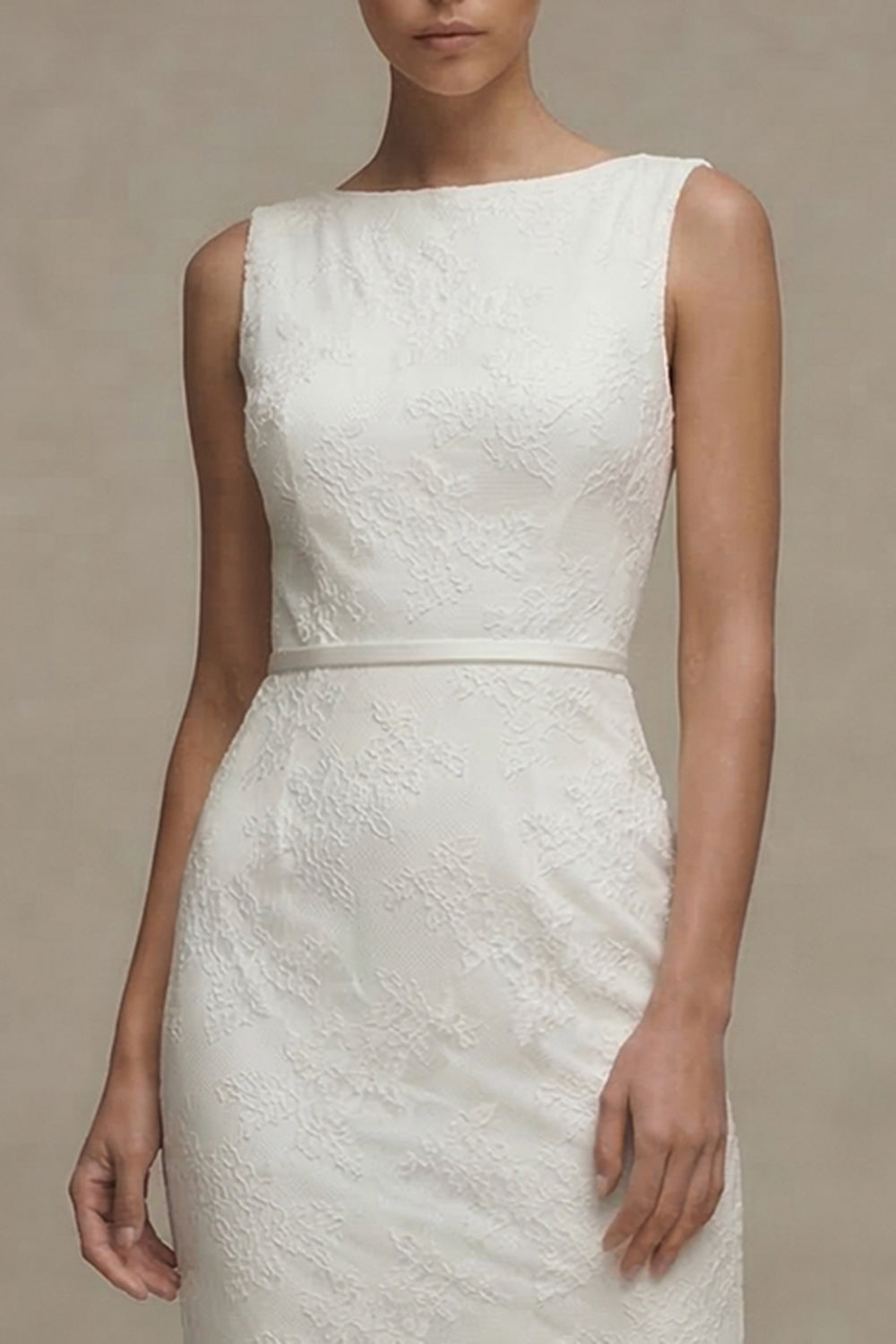 Zapaka Women White Midi Graduation Dress Lace Bodycon Bateau Neck
