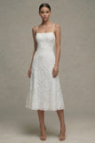White Spaghetti Straps Lace A Line Midi Engagement Dress