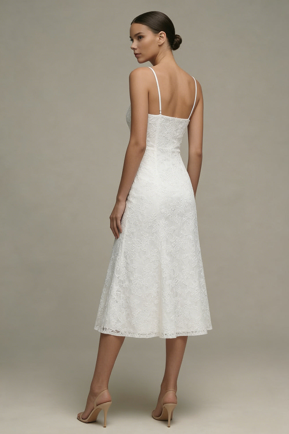 Zapaka Women White Lace Engagement Dress Spaghetti Straps A Line Midi