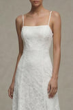 White Spaghetti Straps Lace A Line Midi Engagement Dress