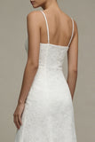 White Spaghetti Straps Lace A Line Midi Engagement Dress