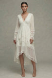 White A Line V-Neck Ruffled Midi Dress with Lace