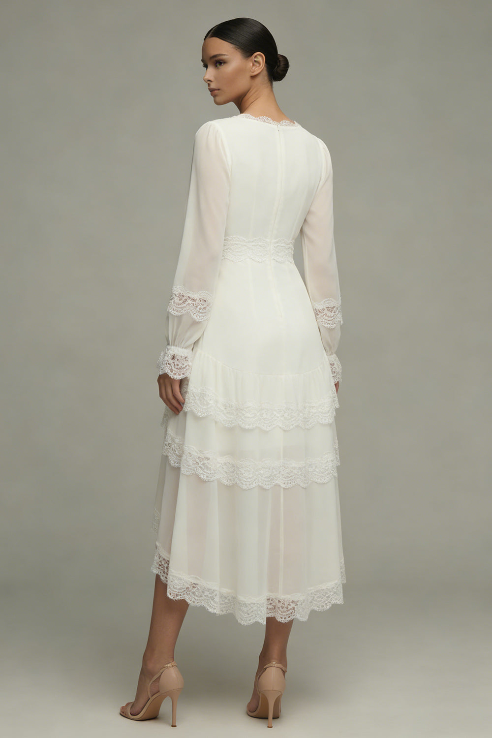 white midi graduation dress Zapaka Women White Ruffled Midi Engagement Dress with Lace A Line V-Neck Rehearsal Dinner Dress with Sleeves, White / US24W