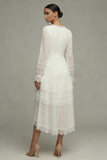 White A Line V-Neck Ruffled Midi Dress with Lace