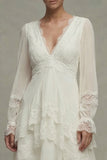 White A Line V-Neck Ruffled Midi Dress with Lace