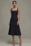 White A Line Satin Square Neck Midi Rehearsal Dinner Dress