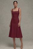 White A Line Satin Square Neck Midi Rehearsal Dinner Dress