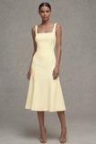 White A Line Satin Square Neck Midi Rehearsal Dinner Dress