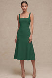 White A Line Satin Square Neck Midi Rehearsal Dinner Dress