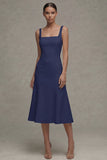 White A Line Satin Square Neck Midi Rehearsal Dinner Dress
