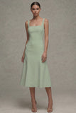 White A Line Satin Square Neck Midi Rehearsal Dinner Dress