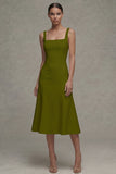 White A Line Satin Square Neck Midi Rehearsal Dinner Dress