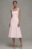 White A Line Satin Square Neck Midi Rehearsal Dinner Dress