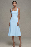 White A Line Satin Square Neck Midi Rehearsal Dinner Dress