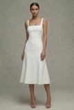 White A Line Satin Square Neck Midi Rehearsal Dinner Dress