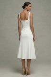 White A Line Satin Square Neck Midi Rehearsal Dinner Dress