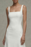 White A Line Satin Square Neck Midi Rehearsal Dinner Dress