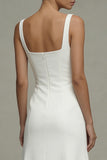 White A Line Satin Square Neck Midi Rehearsal Dinner Dress