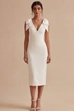 White Bodycon Satin V-Neck Midi Engagement Dress with Bows