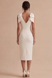White Bodycon Satin V-Neck Midi Engagement Dress with Bows