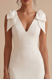 White Bodycon Satin V-Neck Midi Engagement Dress with Bows