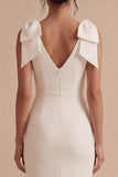White Bodycon Satin V-Neck Midi Engagement Dress with Bows