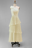 Sage A-Line One Shoulder Tiered Pleated Floral Dress with Bow