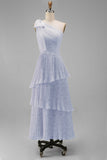 Sage A-Line One Shoulder Tiered Pleated Floral Dress with Bow