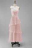 Sage A-Line One Shoulder Tiered Pleated Floral Dress with Bow
