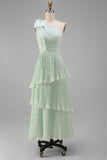 Sage A-Line One Shoulder Tiered Pleated Floral Dress with Bow