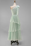 Sage A-Line One Shoulder Tiered Pleated Floral Dress with Bow