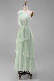 Sage A-Line One Shoulder Tiered Pleated Floral Dress with Bow
