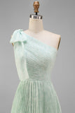 Sage A-Line One Shoulder Tiered Pleated Floral Dress with Bow