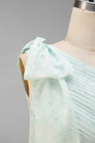 Sage A-Line One Shoulder Tiered Pleated Floral Dress with Bow