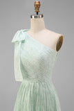 Sage A-Line One Shoulder Tiered Pleated Floral Dress with Bow