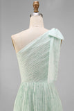 Sage A-Line One Shoulder Tiered Pleated Floral Dress with Bow