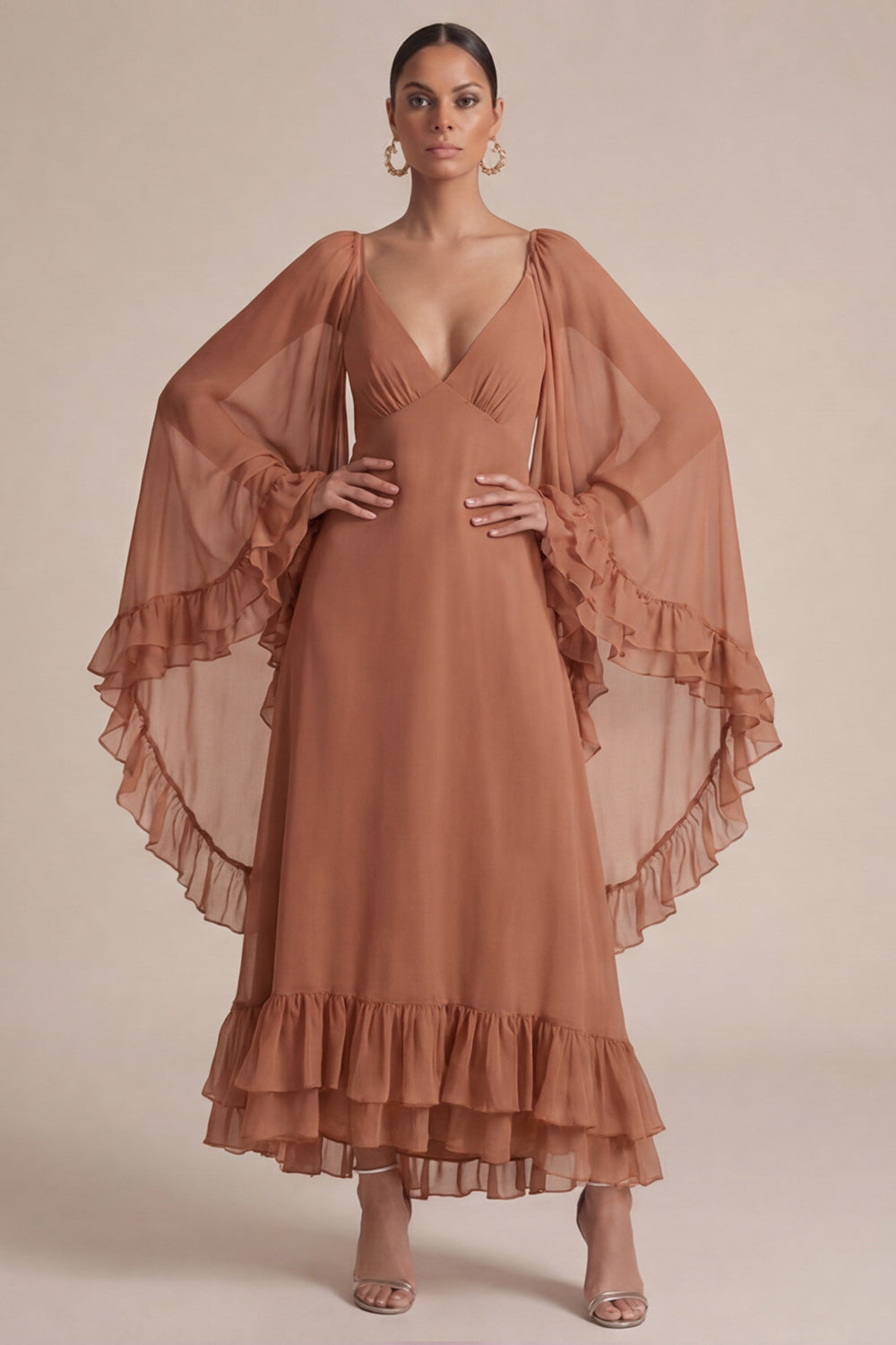 Zapaka Women Brown A Line Wedding Guest Dress with Cape V-Neck Long Formal Dress with Ruffles, Brown / US12