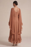 Brown A Line Ruffled V-Neck Maxi Dress with Cape