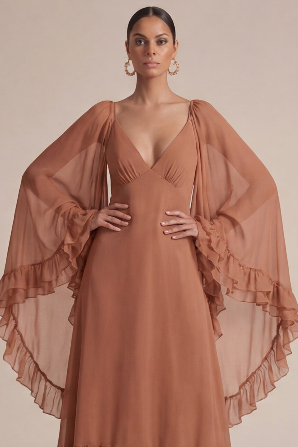 Zapaka Women Brown A Line Wedding Guest Dress with Cape V-Neck Long