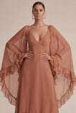 Brown A Line Ruffled V-Neck Maxi Dress with Cape
