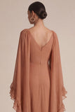 Brown A Line Ruffled V-Neck Maxi Dress with Cape