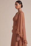 Brown A Line Ruffled V-Neck Maxi Dress with Cape