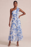 Blue Floral A Line One Shoulder Maxi Dress with Ruffles