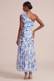 Blue Floral A Line One Shoulder Maxi Dress with Ruffles