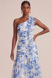 Blue Floral A Line One Shoulder Maxi Dress with Ruffles